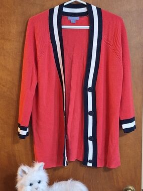 Laura Scott Coral Open-Front Cardigan with Black and White Trim